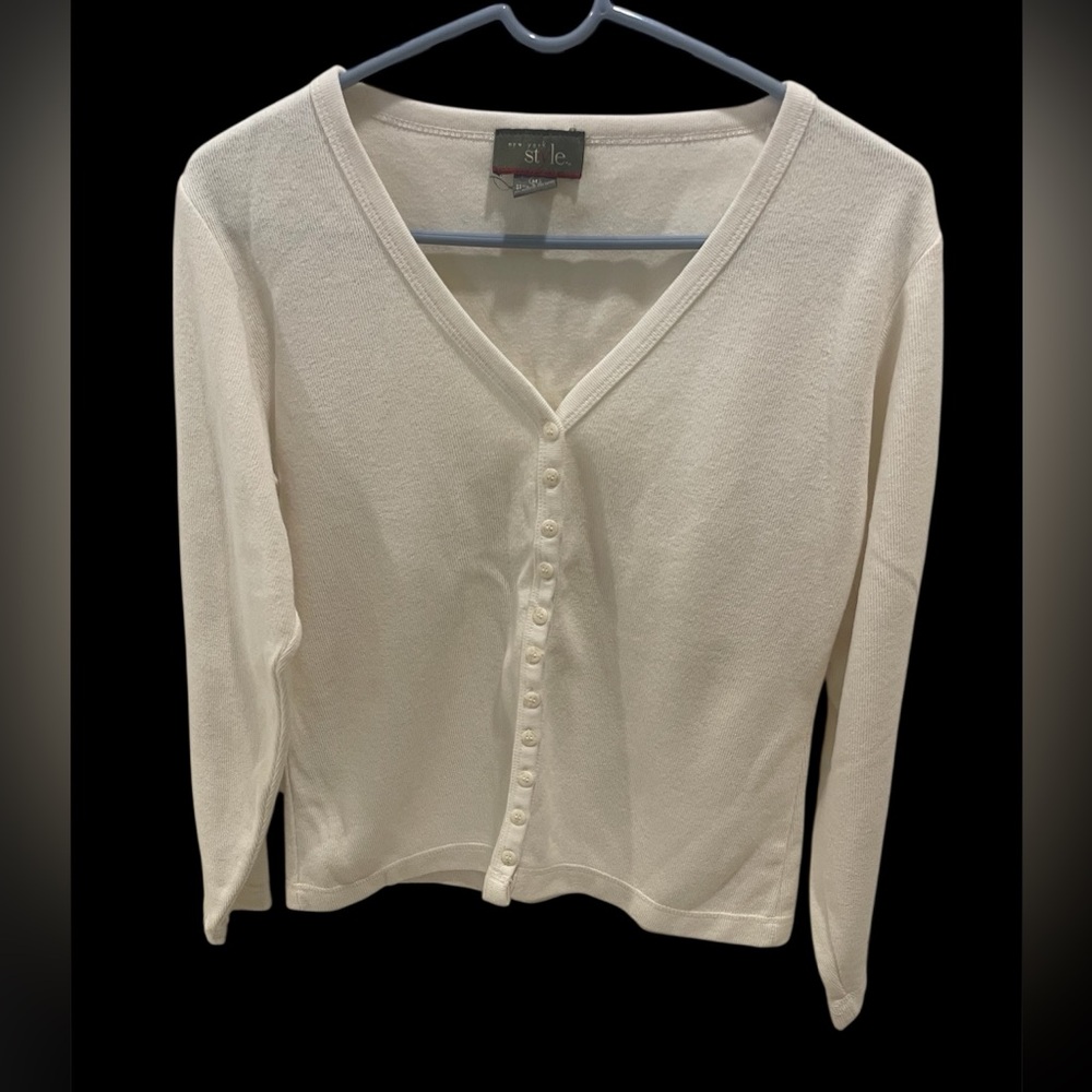 VTG Styl New York White Cream M Button Up Ribbed Sweater Cardigan Minimalist Y2K